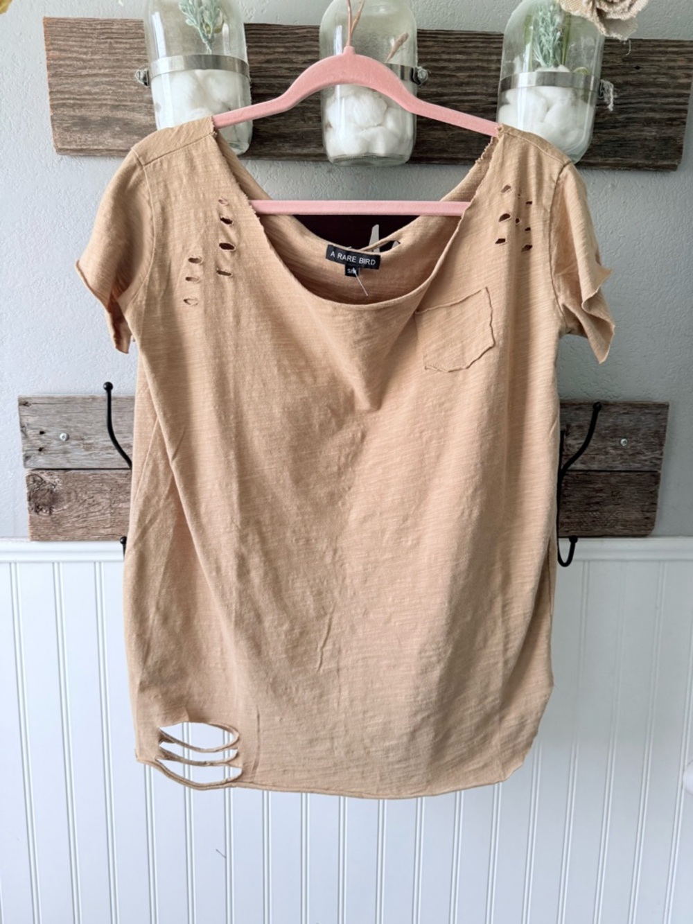 A Rare Bird Scoop Neck Distressed Short Sleeve Tee in Tan
